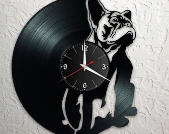 Horloge disque Pug/Bulldog, vinyle, rétro, horloge murale du nom souhaité, individuel, cadeau, salon, anniversaire, fabriqué en Allemagne