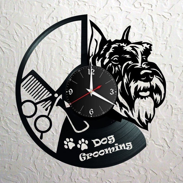 Hundesalon Grooming Schnauzer Schallplattenuhr, Vinyl, Retro, Wanduhr Wunschnamen