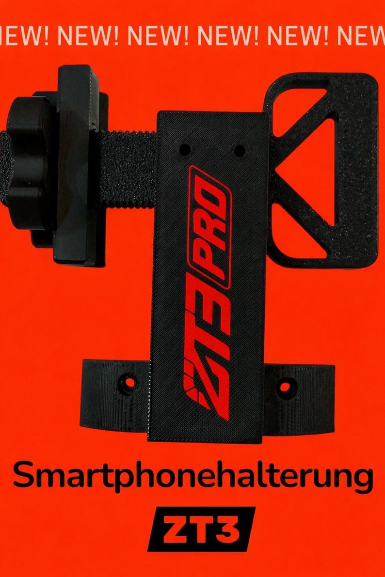 May include: Black smartphone holder with red "ZT3 PRO" logo and the text "Smartphonehalterung" on an orange background. The holder has adjustable components and the word "NEW" repeated at the top.