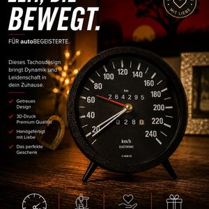 May include: A black speedometer-style clock with white numbers ranging from 20 to 240 km/h, a red needle, and a digital odometer reading 264295. The clock face includes the text "km/h", "ELECTRONIC", and "K-4638 EG" with a stand and a circular frame.