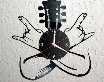 Guitare de musique rock, horloge disque, vinyle, rétro, horloge murale individuelle, cadeau, salon, anniversaire, fabriqué en Allemagne