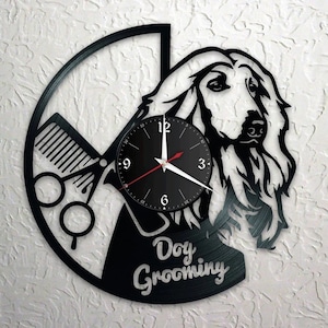 Dog Salon Grooming Afghan Record Clock, Vinyl, Retro, Wall Clock Custom Name