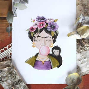 Frida Kahlo Portrait mit Flowercrown, Äffchen und Kaugummi Bild 1