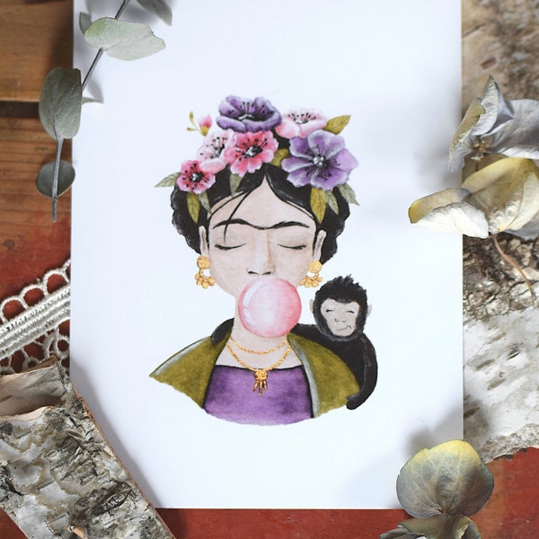 Frida Kahlo - Portrait mit Flowercrown, Äffchen und Kaugummi