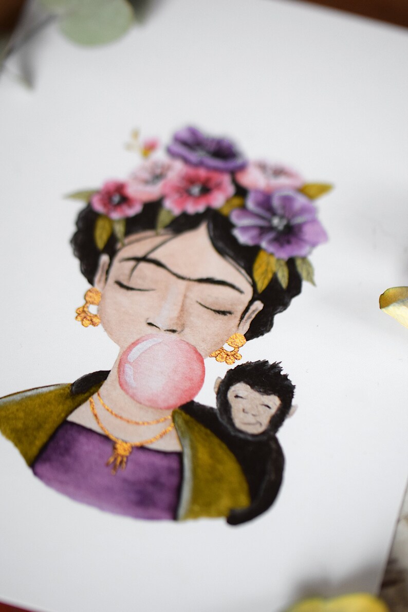 Frida Kahlo Portrait mit Flowercrown, Äffchen und Kaugummi Bild 2