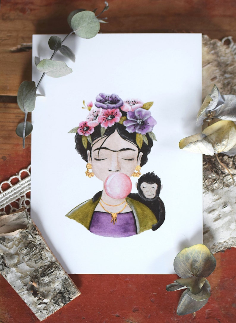 Frida Kahlo Portrait mit Flowercrown, Äffchen und Kaugummi Bild 1