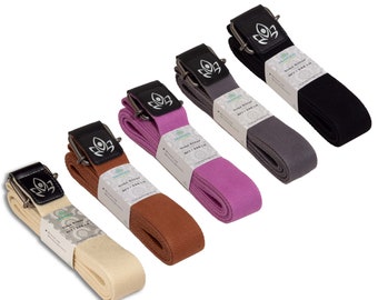 Cotton Yoga Strap: 8 ft, Metal Buckle, Vegan Leather Ends