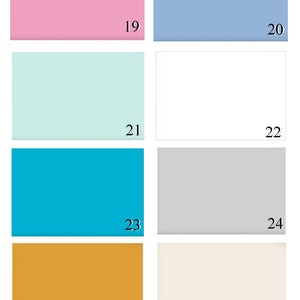 Puede incluir: Una carta de colores con seis colores diferentes. Los colores son rosa, azul claro, verde claro, blanco, turquesa, gris claro, dorado y blanco roto. Cada color est&aacute; etiquetado con un n&uacute;mero del 19 al 26.