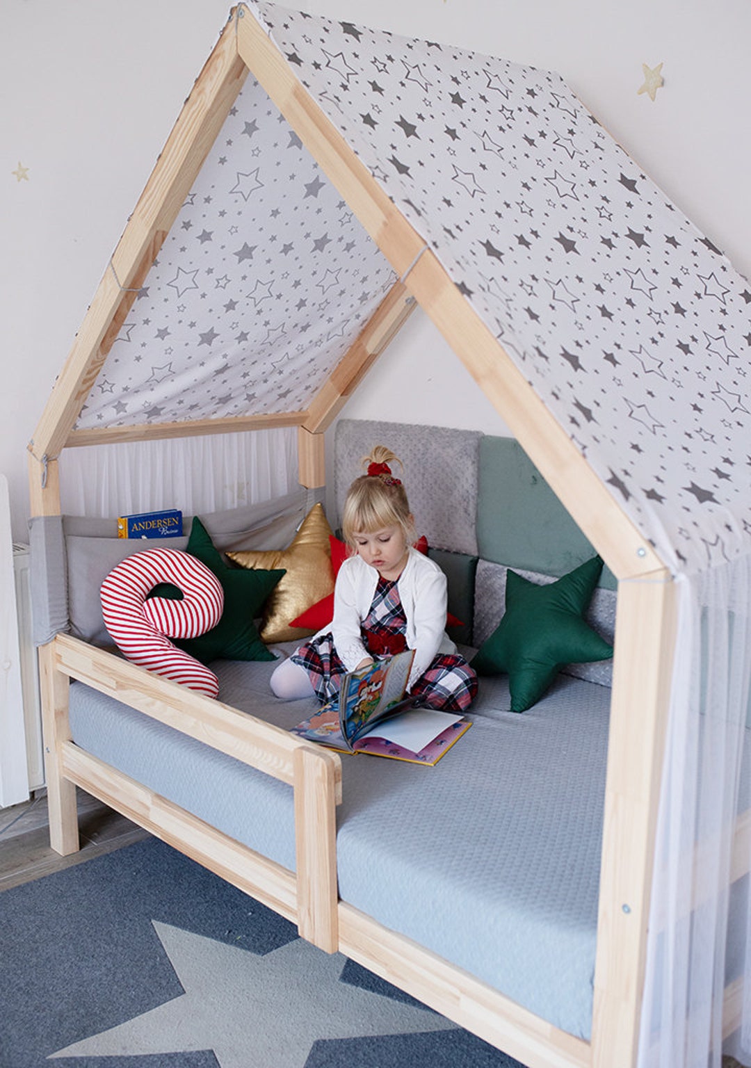 Cama casita LOU, cuna Montessori con barrera y elevador 90x190,90x200,  80x190,120x200,140x200,160x200 TODAS las medidas pintada 4 colores -   España