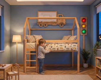 Cama tipo altillo - 70 cm, litera, cama alta, cama Montessori, cama con forma de casa, TODOS los tamaños 80x160, 80x190, 90x190, 90x200