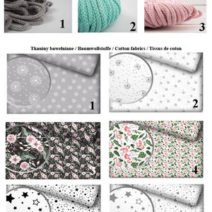 K&ouml;nnte beinhalten: Eine Sammlung von sechs Stoffmustern mit verschiedenen Mustern. Die Muster umfassen graue und wei&szlig;e L&ouml;wenzahnpflanzen, rosa und gr&uuml;ne Flamingos, schwarze und wei&szlig;e Sterne sowie rosa und gr&uuml;ne Blumenmuster. Die Muster sind mit den Zahlen 1 bis 6 gekennzeichnet.