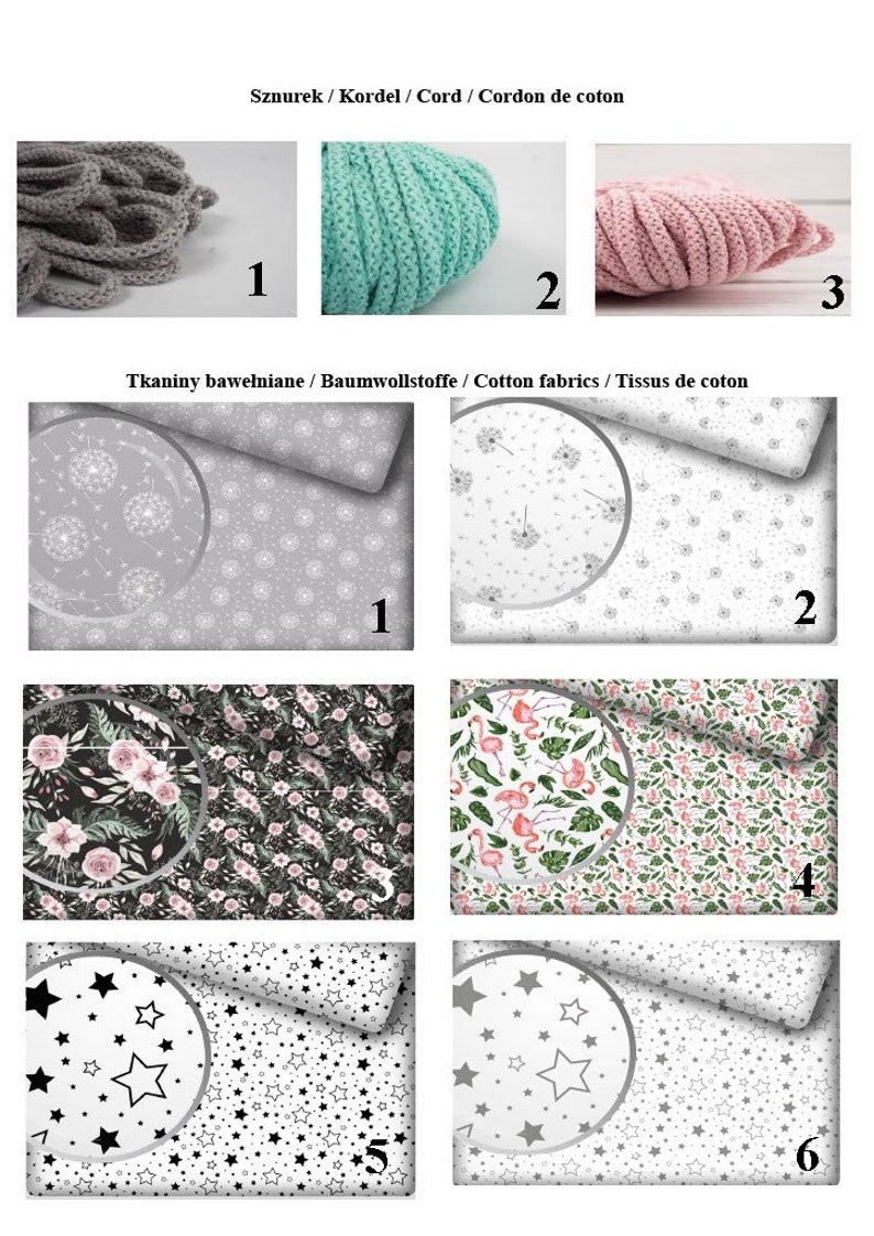 K&ouml;nnte beinhalten: Eine Sammlung von sechs Stoffmustern mit verschiedenen Mustern. Die Muster umfassen graue und wei&szlig;e L&ouml;wenzahnpflanzen, rosa und gr&uuml;ne Flamingos, schwarze und wei&szlig;e Sterne sowie rosa und gr&uuml;ne Blumenmuster. Die Muster sind mit den Zahlen 1 bis 6 gekennzeichnet.