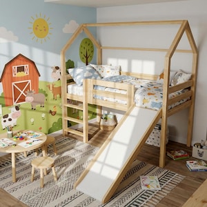 Bed with slide, baby gift, mezzanine furniture, wooden house, bunk bed, Montessori bed, loft bed ALL sizes 80x160, 80x190, 90x190, 90x200