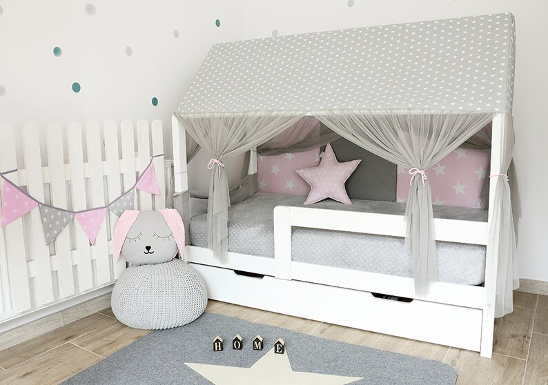 Funda de cama con forma de casita, dosel Montessori para cama infantil, dosel de cama con forma de casita, cortinas para dosel de cama, tienda de juegos, dosel de cama, cortinas para cama imagen 5