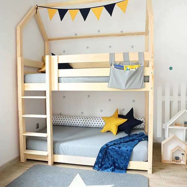 Etagenbett für Kinder, Montessori Hausbett, solides handgemachtes Bett für Kleinkinder, Kinderbett, Holzhausbett ALLE Größen