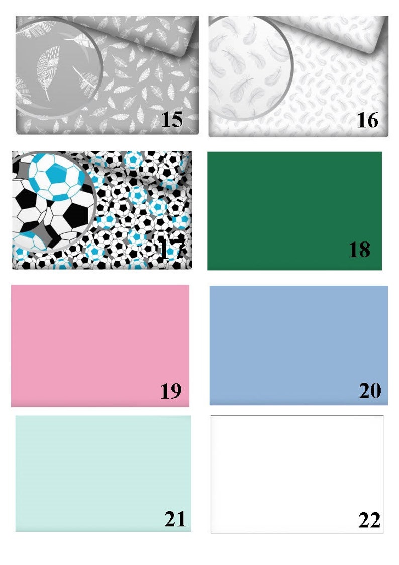 May include: A set of six different fabric swatches, each with a unique pattern or color. The swatches are numbered 15 through 22. The patterns include a gray and white feather design, a black and white soccer ball design, a solid green, a solid pink, a solid blue, a solid light green, and a solid white.