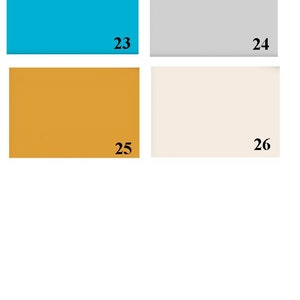 K&ouml;nnte beinhalten: Vier Farbmuster, nummeriert von 23 bis 26. Die Muster sind t&uuml;rkis, hellgrau, gelb und cremefarben.