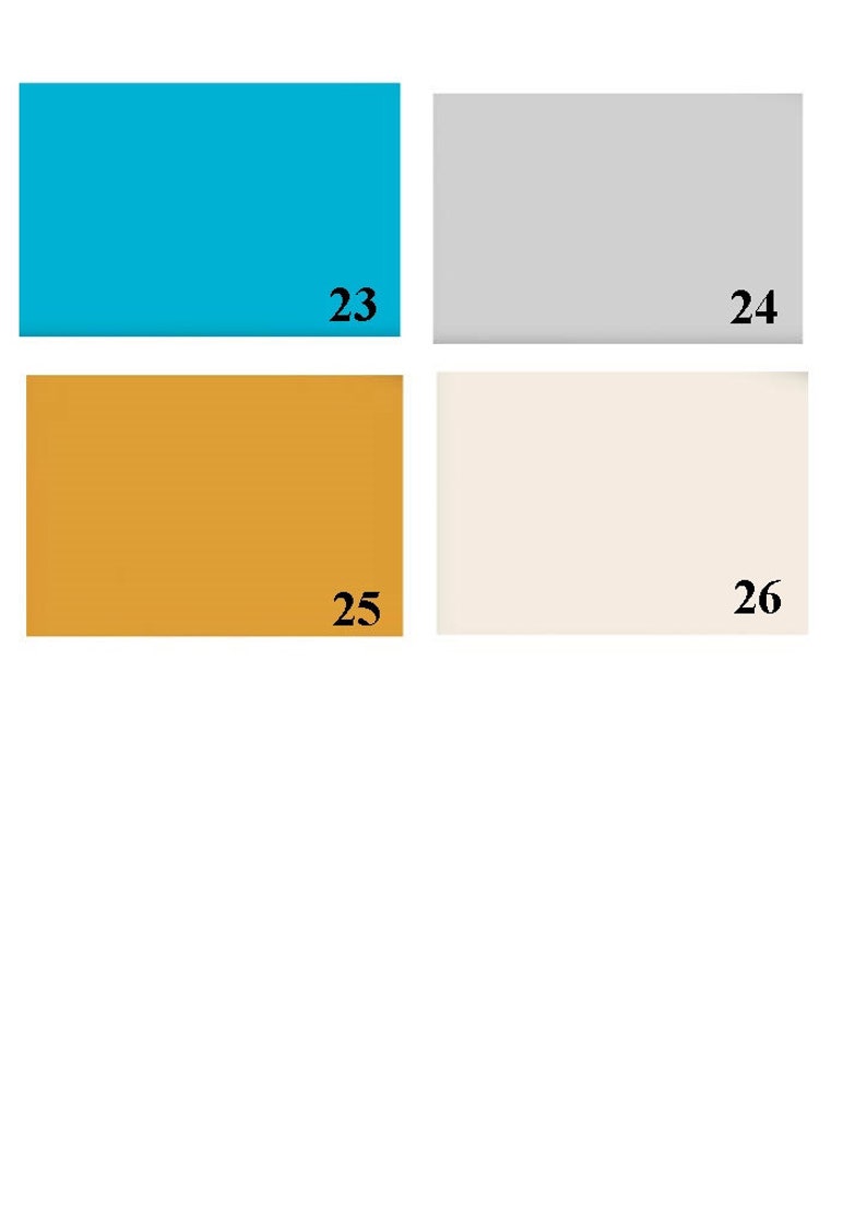 K&ouml;nnte beinhalten: Vier Farbmuster, nummeriert von 23 bis 26. Die Muster sind t&uuml;rkis, hellgrau, gelb und cremefarben.