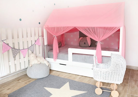 Hausbett Bezug, Montessori Baldachin für Kinderbett Hausbetthimmel, Betthimmelvorhänge Bett, Spielzelt, Betthimmel, Bettvorhänge