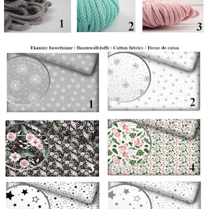 May include: A collection of six fabric swatches with different patterns. The patterns include grey and white dandelions, pink and green flamingos, black and white stars, and pink and green floral designs. The swatches are labeled with numbers 1 through 6.