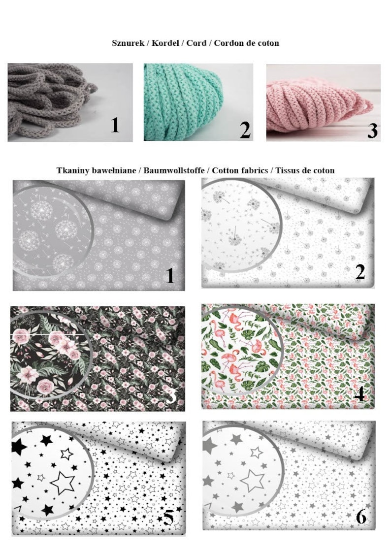 May include: A collection of six fabric swatches with different patterns. The patterns include grey and white dandelions, pink and green flamingos, black and white stars, and pink and green floral designs. The swatches are labeled with numbers 1 through 6.