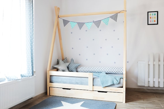 Lit Enfant Tipi En Bois Pin Naturel Avec Sommier à Lattes - 160x80 Cm, Fabrication Allemande