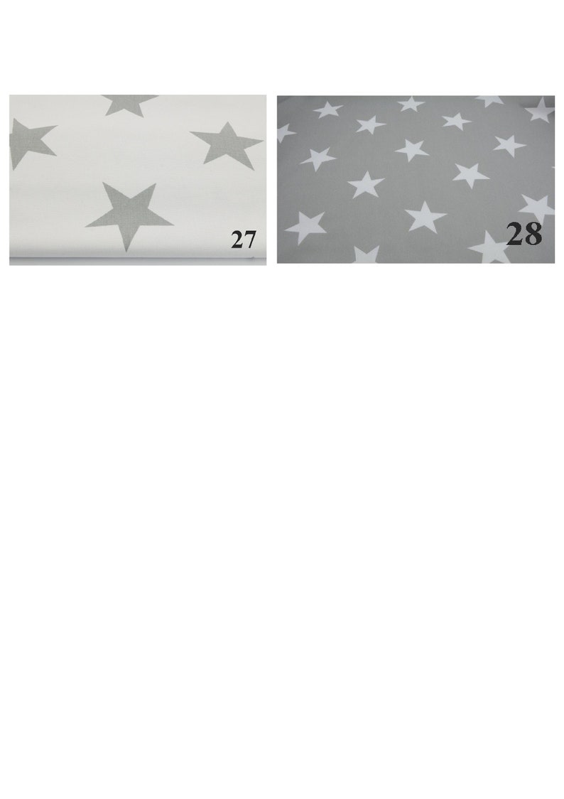 May include: Two fabric swatches with a white star pattern on a gray background. The swatch on the left is white with gray stars. The swatch on the right is gray with white stars. The swatches are labeled 27 and 28.