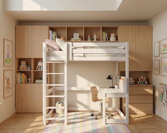 Bed met bureau, bureau, mezzaninebed, stapelbed, hoogslaper, alle maten ATENA, bed in kleur