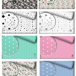 May include: A collage of ten different fabric designs for bedding. The designs include floral patterns, stars, and polka dots. Each design is shown with a silver circle in the center.
