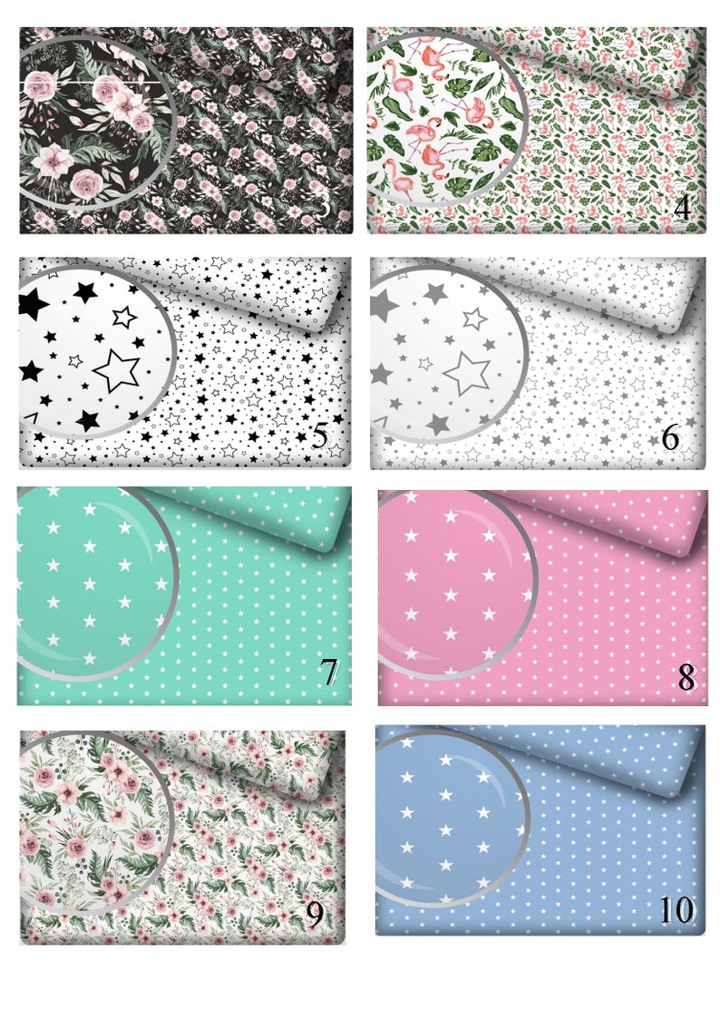 May include: A collage of ten different fabric designs for bedding. The designs include floral patterns, stars, and polka dots. Each design is shown with a silver circle in the center.