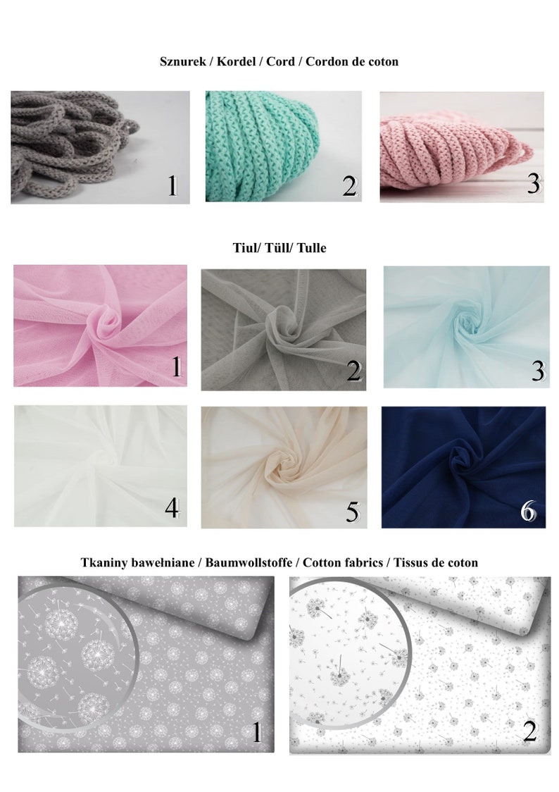 May include: A selection of cotton cord, tulle, and cotton fabric swatches. The cord comes in gray, teal, and pink. The tulle comes in pink, gray, white, beige, and blue. The cotton fabric comes in gray with a white dandelion print and white with a gray dandelion print.