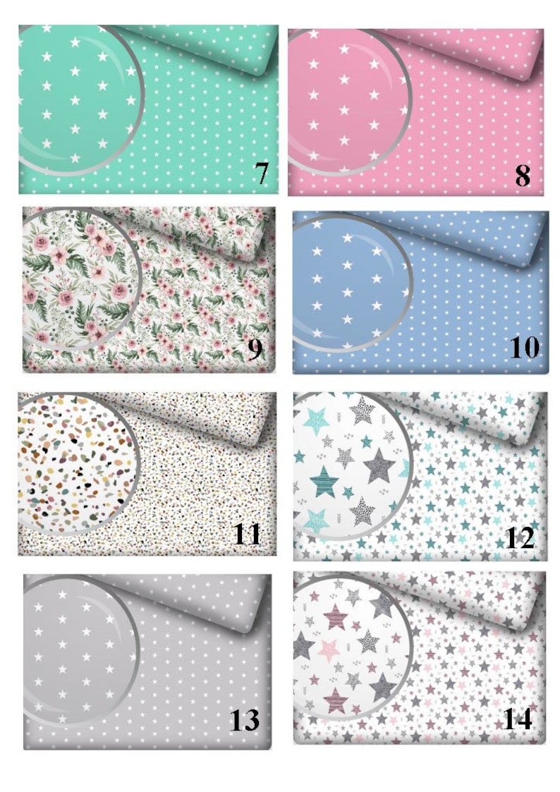 May include: A set of 10 fabric swatches with different patterns, including stars, polka dots, and floral designs. Each swatch has a number from 7 to 14.