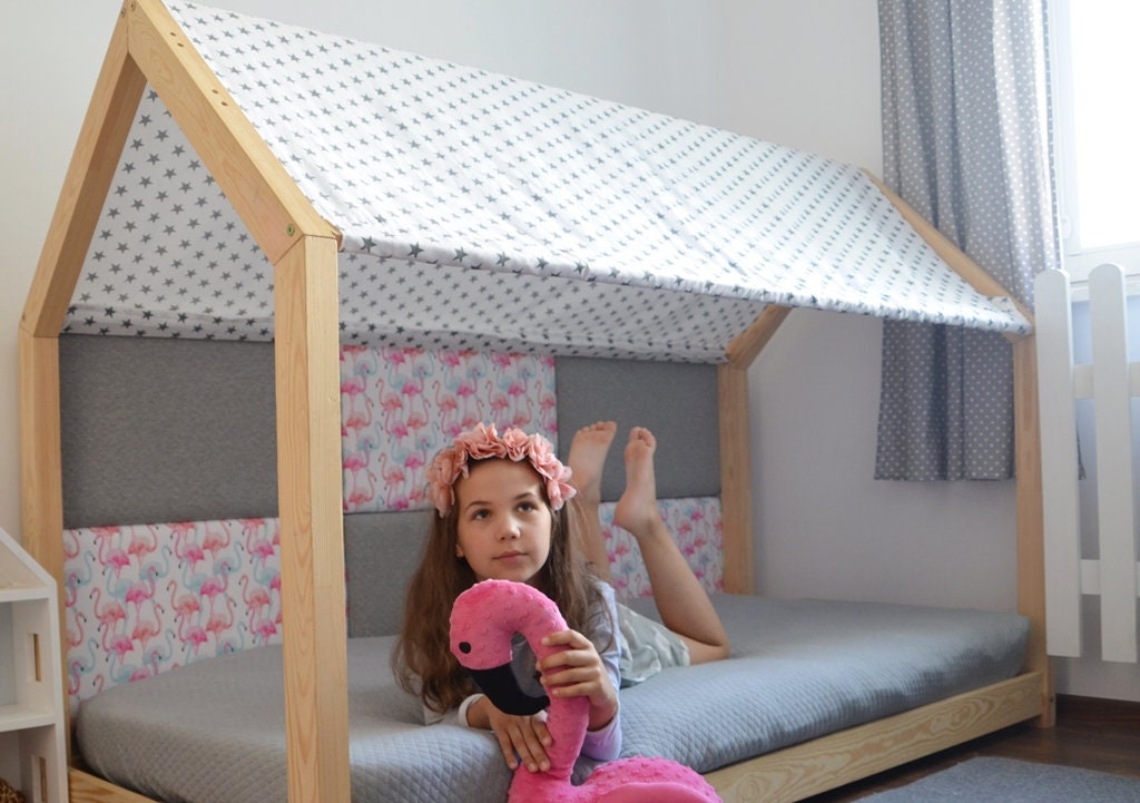 Tetto per letto a casetta - con chiusura in velcro - letti grandi, baldacchino per letto Montessori, tende per letto per bambini