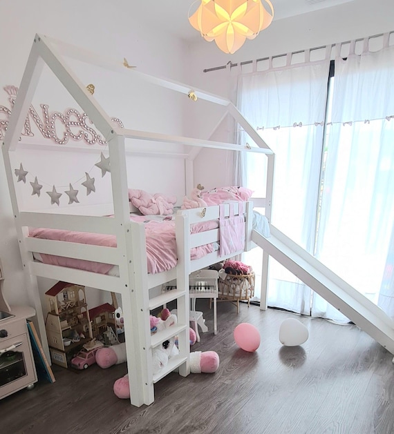 MQGPM Hoogslaper, 90 x 200 cm, met glijbaan en opbergruimte, stapelbed, kinderbed met ladder en lattenbodem, bedframe met valbeveiliging, bed voor jongeren en kinderen, wit