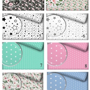 Puede incluir: Un collage de diez dise&ntilde;os de tela diferentes para ropa de cama. Los dise&ntilde;os incluyen patrones florales, estrellas y lunares. Cada dise&ntilde;o se muestra con un c&iacute;rculo plateado en el centro.