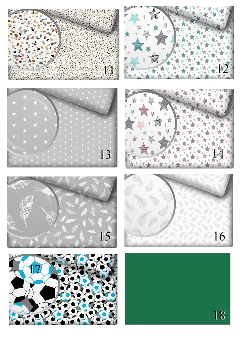 May include: A collage of 18 different fabric swatches with various patterns, including stars, feathers, soccer balls, and geometric designs. The swatches are numbered 11 through 18.
