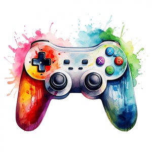 May include: A colorful watercolor painting of a video game controller. The controller is painted in shades of red, orange, yellow, green, blue, and purple. The controller has a white background and black buttons.