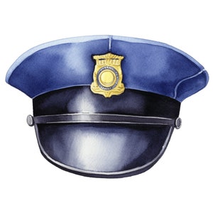 Peut inclure: Un chapeau de policier bleu avec un badge doré. Le chapeau a une visière noire et une bande dorée autour de la couronne.