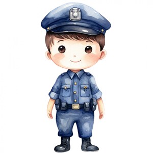 Könnte beinhalten: Eine Aquarell-Illustration eines Cartoon-Polizisten. Der Polizist trägt eine blaue Uniform mit einem Abzeichen, einen blauen Hut und braunes Haar. Der Polizist lächelt.