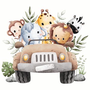 Pode incluir: Uma ilustração em aquarela de um jipe marrom com um macaco, um elefante, uma girafa e uma zebra andando nele. O jipe está cercado por folhas verdes e flores.
