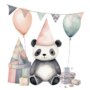Pode incluir: Uma ilustração em aquarela de um urso panda usando um chapéu de festa rosa, cercado por presentes e balões coloridos. O panda está sentado em um fundo branco.