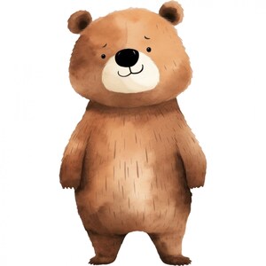 Könnte beinhalten: Eine Aquarell-Illustration eines braunen Bären mit freundlichem Ausdruck. Der Bär hat eine hellbraune Nase und schwarze Augen. Der Bär steht auf allen Vieren und hat ein hellbraunes Fell.