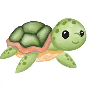 Puede incluir: Una ilustración de acuarela de una tortuga marina verde con un caparazón marrón y naranja. La tortuga tiene una cara sonriente con ojos negros y un cuerpo verde claro.