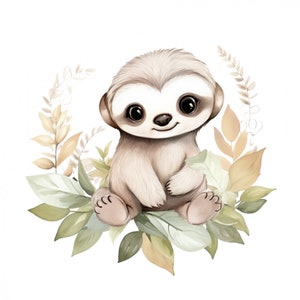 May include: A cute cartoon sloth with brown fur and big eyes sits on a bed of green and yellow leaves. The sloth has a happy expression and is sitting up straight.