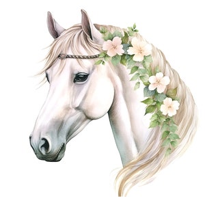 Könnte beinhalten: Aquarellmalerei eines weißen Pferdekopfes mit einer Blumenkrone aus weißen Blüten und grünen Blättern. Das Pferd trägt ein braunes Lederband.