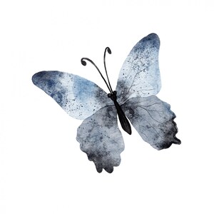 May include: A watercolor painting of a blue butterfly with black veins and a black body. The butterfly is in flight with its wings spread out.