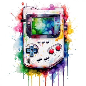 Op de afbeelding: Een witte Game Boy Color draagbare videogameconsole met een kleurrijke aquarel achtergrond. De console heeft een blauwe en witte directionele pad, twee rode knoppen en een groen scherm.