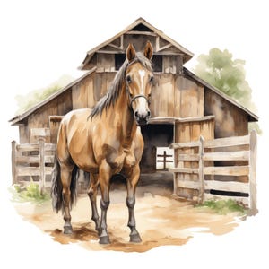 Puede incluir: Un caballo marrón se encuentra frente a un granero de madera con una valla de madera. El caballo tiene una crin y una cola marrones y está mirando a la cámara.