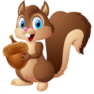 Könnte beinhalten: Ein Cartoon-Eichhörnchen mit buschigem Schwanz hält eine braune Eichel in seinen Pfoten. Das Eichhörnchen hat einen fröhlichen Gesichtsausdruck und schaut direkt auf den Betrachter.