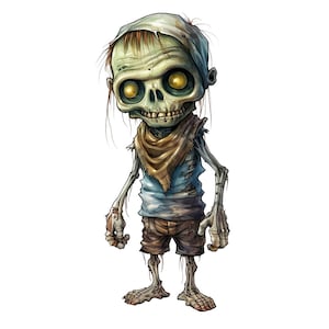 Op de afbeelding: Een cartoonzombie met groene huid, een blauw shirt, een bruine broek en een bruin bandana. De zombie heeft gloeiende gele ogen en een skeletachtig gezicht.